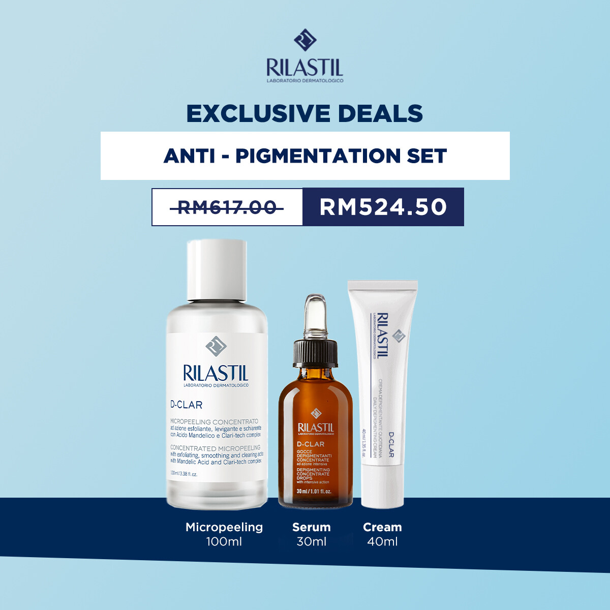 Gambar Rilastil Anti  Pigmentation Set (D  Clar Micropeeling 100ml + D Clar  Serum 30ml + D  Clar Pigmentation cream)