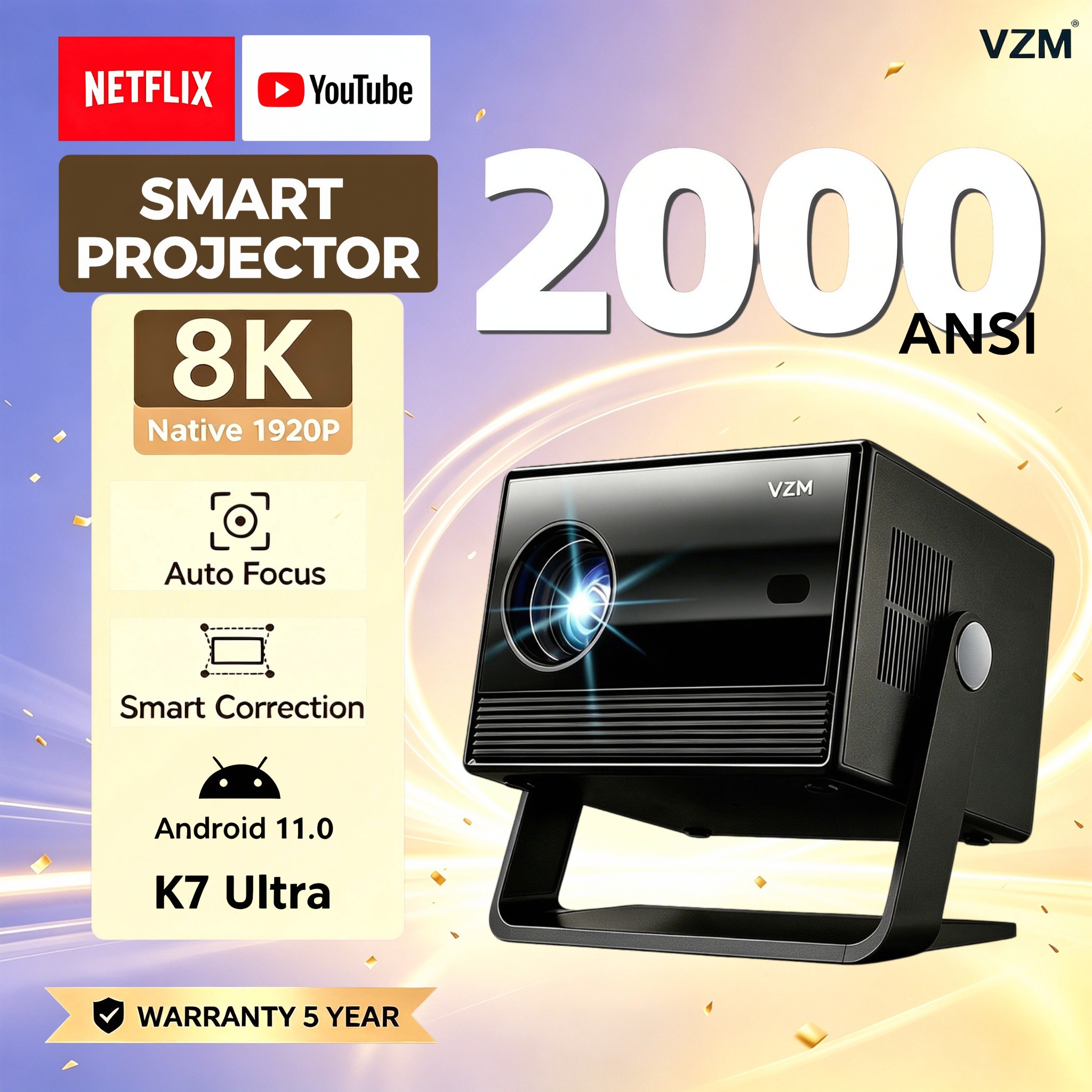 VZM&FINETX 2000ANSI Projector K7 Full HD 8K Adjustment auto focus wireless smartphone same screen use home theater projector