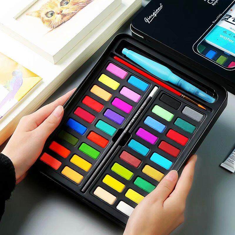 36 Colors Solid Watercolor Artist Paint Set Painting Box with Pens