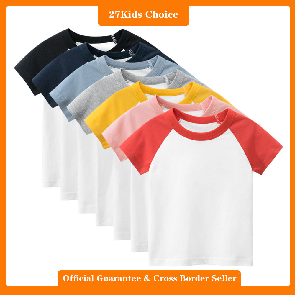 27Kids Choice Children's clothing 2024 summer new style children's short sleeved T-shirt solid color shirt patchwork sleeve no pattern children's clothing ราคา  175 บาท*ส่งฟรี
