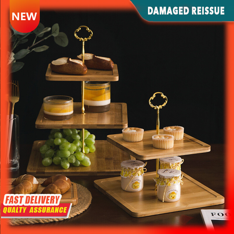 Gambar Double layer Bamboo and Wood Skewer Plate Three layer Dessert Plate Afternoon Tea Wedding Cake Plate Birthday Fruit Plate Display Stand