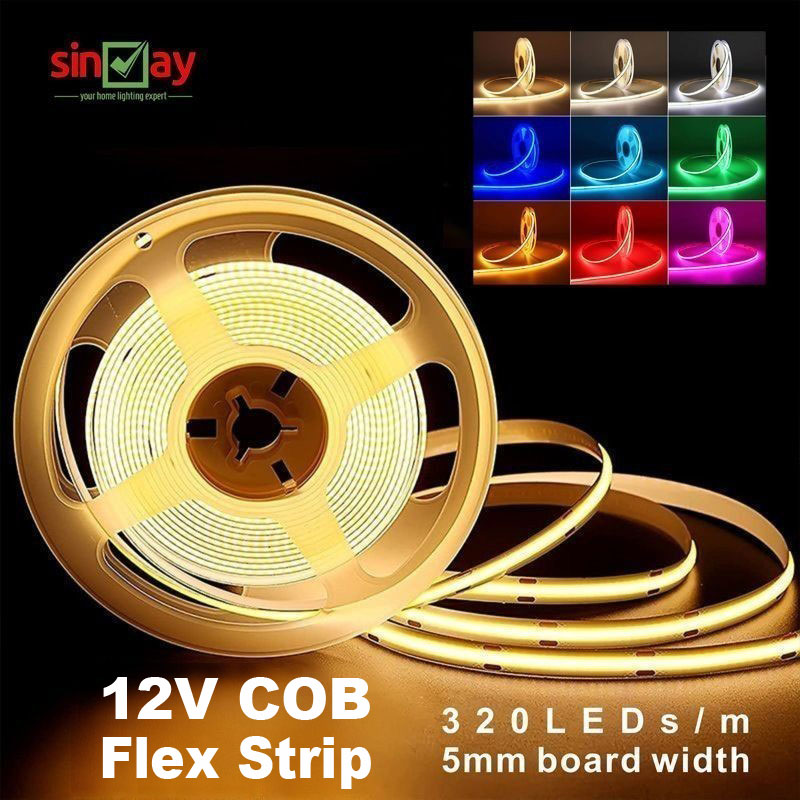 Sinvay 12v cob dải đèn linh hoạt led 320leds/m 5mm chiều rộng 5m/reel