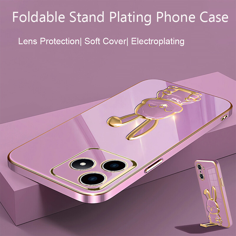 Mới Ốp điện thoại cho realme C53 C35 Lưu ý 50 10 10pro 10pro + 9 9i 9pro 9pro + 9 5g 8 5G 8 8pro mạ Bìa sáng tạo có thể gập lại dễ thương đáng yêu thỏ khung vỏ vô hình đa chức năng chống mùa thu đứng trường hợp