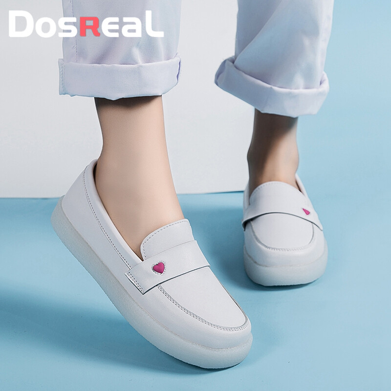 DOSREAL Large Size 34-41 New White Shoes Casual Comfortable Women Shoes Leather Soft Sole Slip On Nursing Shoes White Work Shoes For Ladies Fashion ราคา 416 บาท*ส่งฟรี
