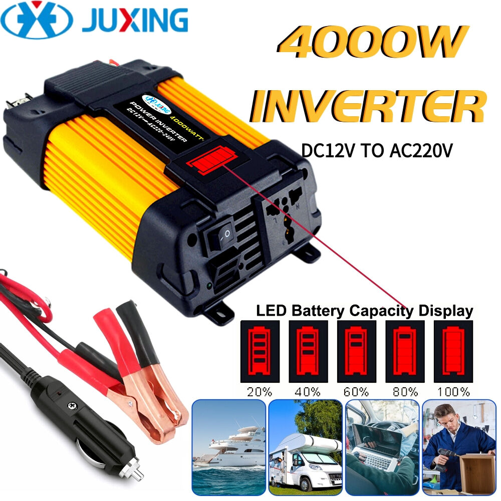 Bộ chuyển đổi nguồn điện xe hơi juxing, bộ chuyển nguồn 4000 Watts DC 12V sang AC 220V, cổng sạc USB kép, Màn hình LED
