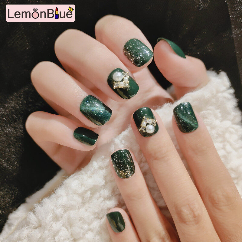 Gambar LemonBlue 24PCS Short Green Press on Nails Cute Pearl Design Fake Nails Full Coverage Full Coverage Artificial Cute Pearl Design Fake Nails with Jelly Gel 24PCS Short Green Press on Nails for Women   Girls