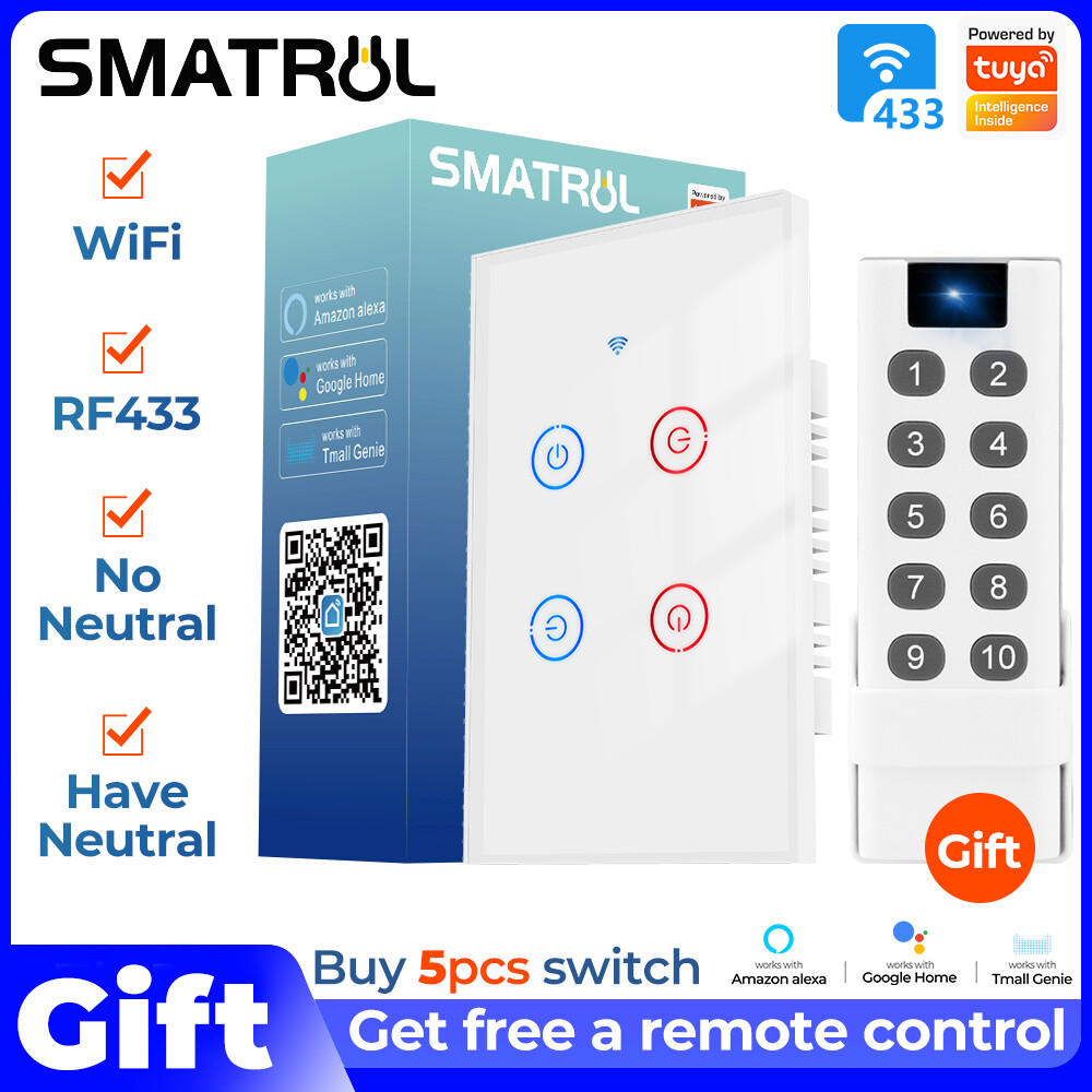 Công Tắc WiFi SMATRUL Công Tắc Đèn Tường Thông Minh Không Cần Dây Trung Tính APP/Điều Khiển Cảm Ứng Hẹn Giờ Tự Động Hóa Nhà Hỗ Trợ Cho Google Home/Nest & Amazon Alexa 220V-240V Trắng 4 Gang