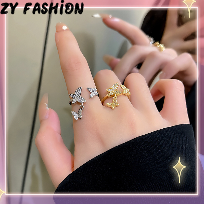 Phong cách Hàn Quốc Rhinestone bướm nhẫn nữ thanh lịch mặt Dây Chuyền Bướm Nhẫn hở thời trang nhẫn nữ
