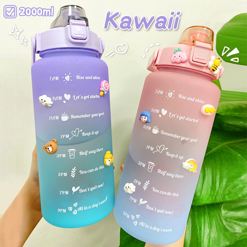 Gambar ?CW? 2L Large Capacity Water Bottle WithCover Time Scale Reminder Frosted Cup With Cute Stickers For OutdoorFitness