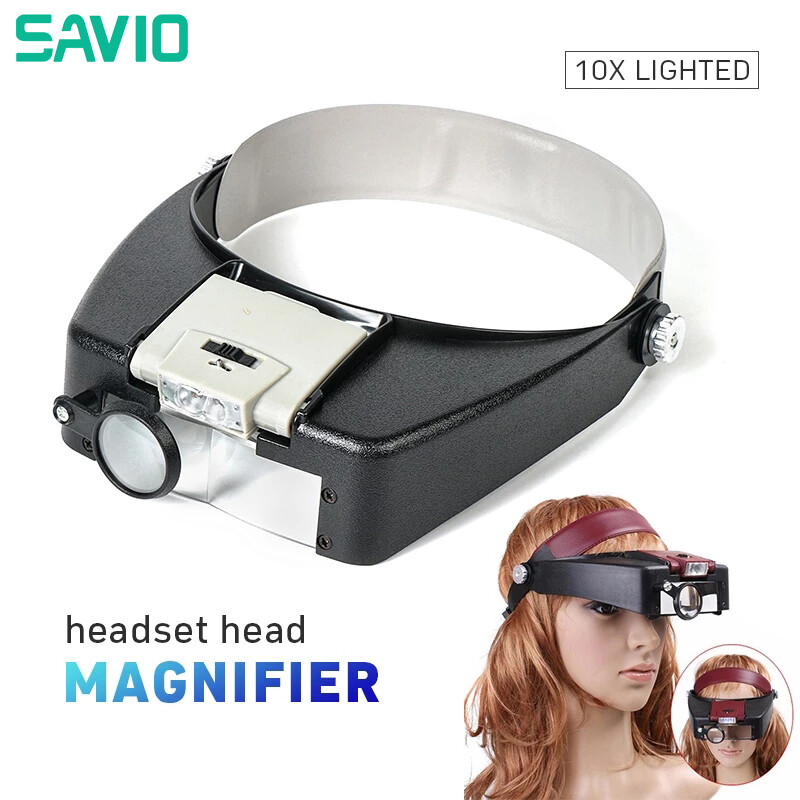 Savio Magnifying Tai nghe đèn kính lúp kính lúp dành cho thợ kim hoàn mặc phong cách 1.5x3x8.5x10x kính có băng quấn đầu kính lúp có đèn LED ánh sáng đọc sửa chữa
