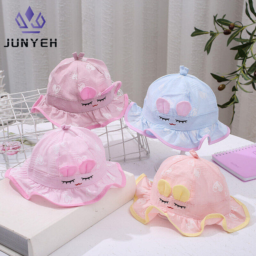 Junyeh Pure Cotton Infant Baby Hat Rabbit Ears Cotton Sun Bucket Hat for 0-5 Months ราคา 44 บาท*ส่งฟรี