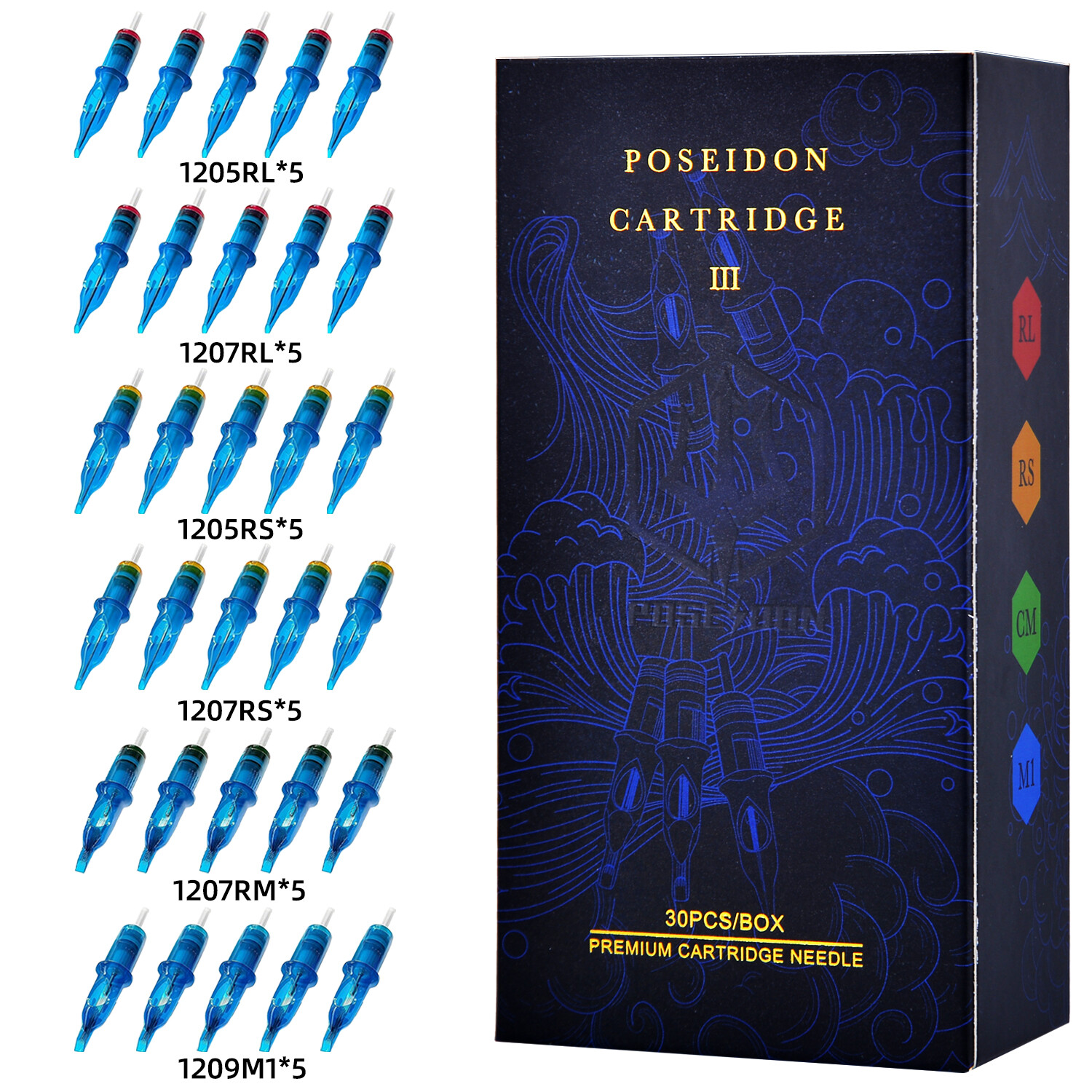 Poseidon kim xăm Cartridge 30 cái/hộp kim xăm RS/M1/RL/cm Kích thước hỗn hợp hộp mực xăm kim xăm cho hình xăm bút máy loại máy xăm hình xăm kim xăm Bộ kim hình xăm bị bảo vệ cung cấp phụ kiện xăm hình