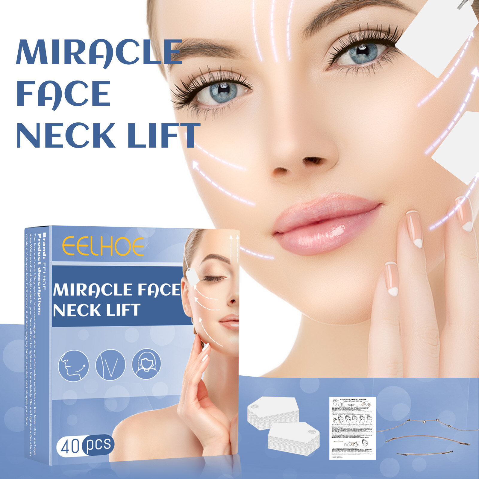 Gambar Eelhoe V shaped Face Lifting Patch Silicone Breathable Invisible Sticker Cheek Double Chin Neck Anti wrinkle Sticker Frown Line Flabby Skin Fast Lift Refill Tapes Makeup Patch Adhesives?40pcs?