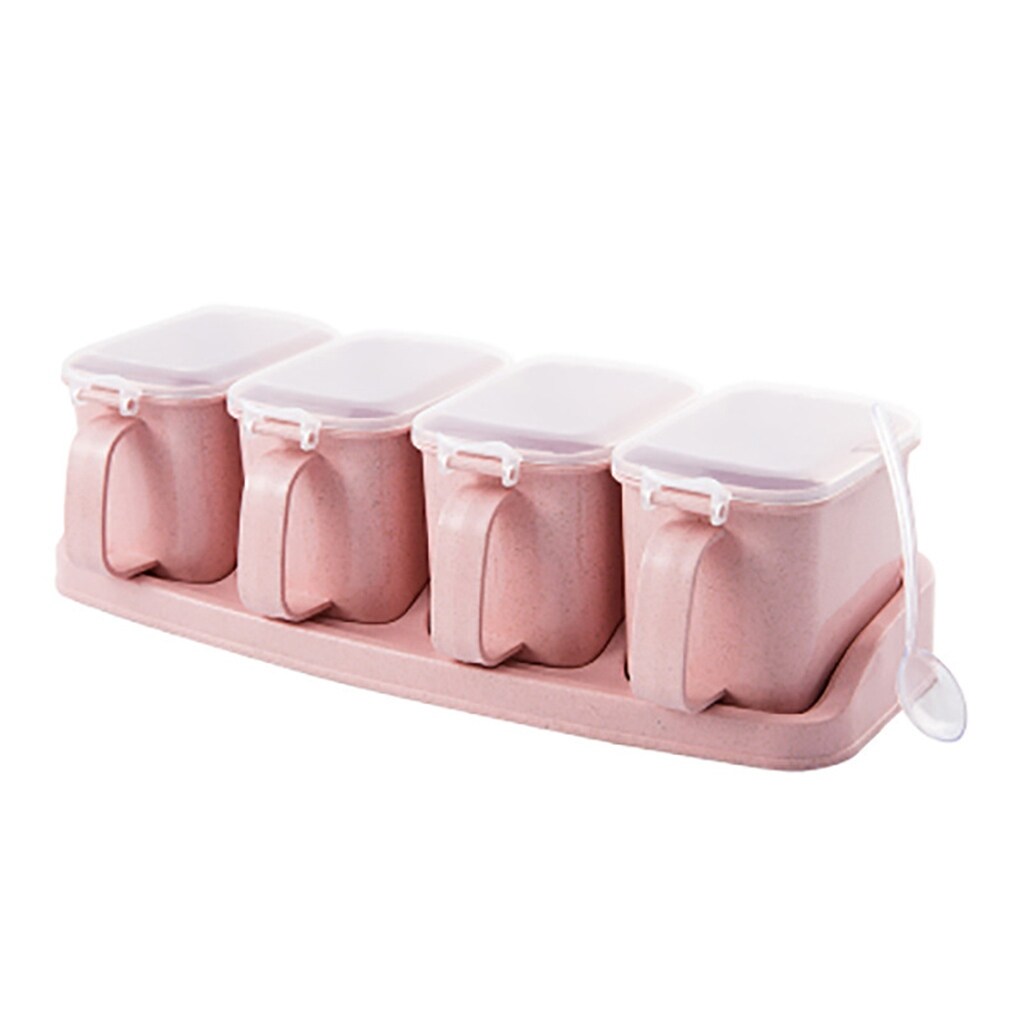 Gambar High Quality 4 Grid Seasoning Box Set Spice Salt Sugar Jars Pepper Condiment Storage Container with Small Spoon