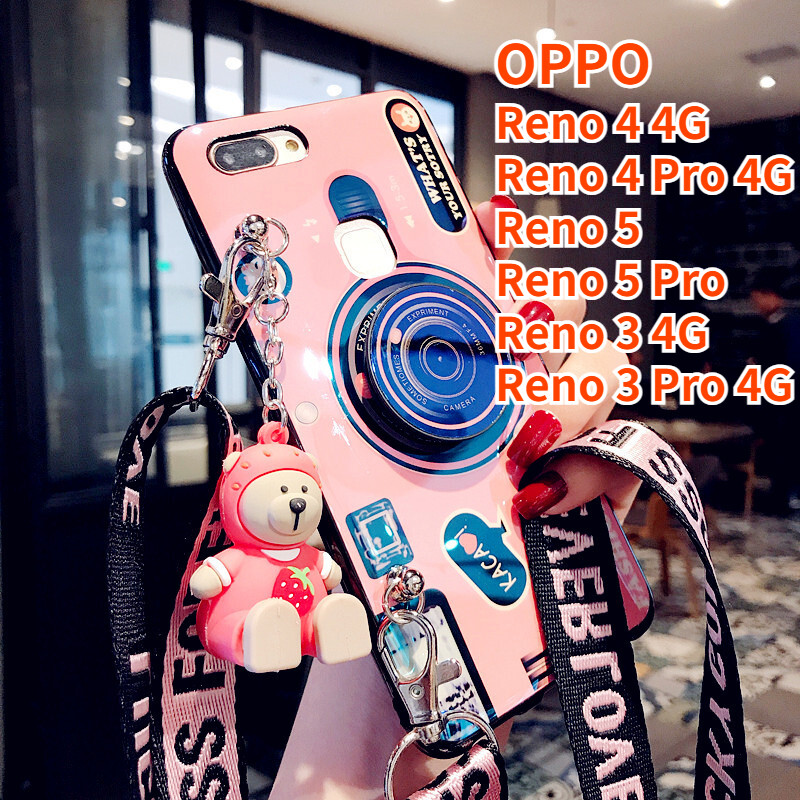 RTY Case For OPPO Reno 5 OPPO Reno 5 Pro OPPO Reno 4 Pro OPPO Reno 4 OPPO Reno 3 Pro OPPO Reno 3 Retro Camera lanyard Sling Casing Grip Stand Holder Silicon Phone Case Cover With Cute Doll Top Seller Case