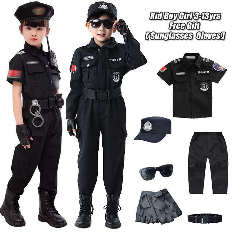 Police Costumes For Kids Boy Girl Special Police Officer Outfit Children Small Military Uniform Police Commandos Outfit Kindergarten Halloween Role Playing Costumes 【Free Sunglasses 
