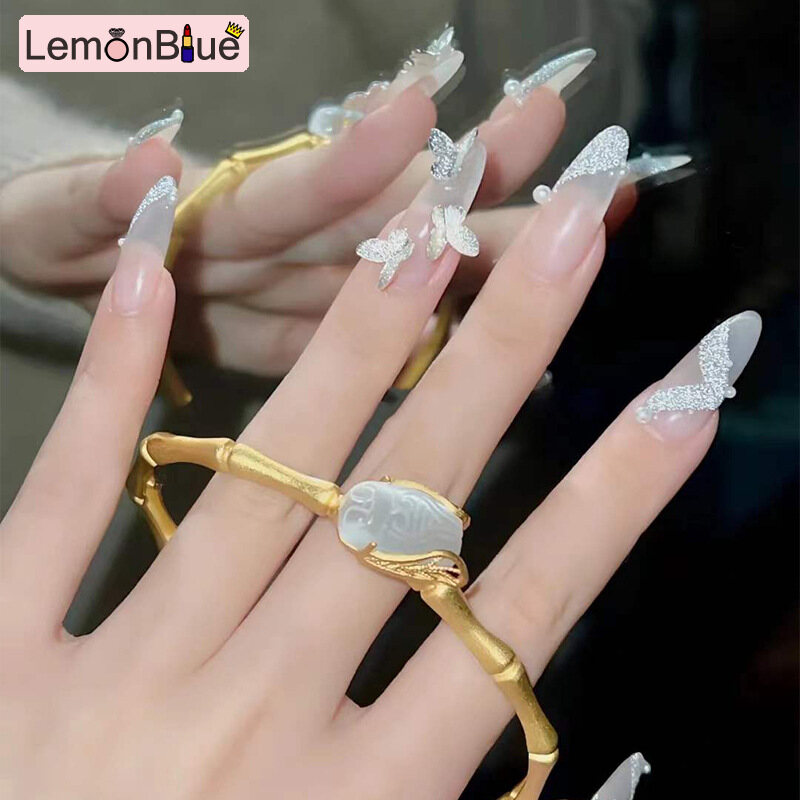 Gambar LemonBlue 24PCS White Bow Fake Nails Long Pointed Head Sweet Style Press on Nails Wearable 24PCS White Bow Fake Nails Finished Nail Piece Wearable Long Pointed Head Sweet Style Press on Nails with Jelly Gel