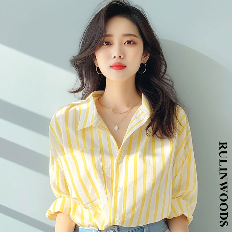 Rulinwoods áo sơ mi nữ sọc áo sơ mi thời trang