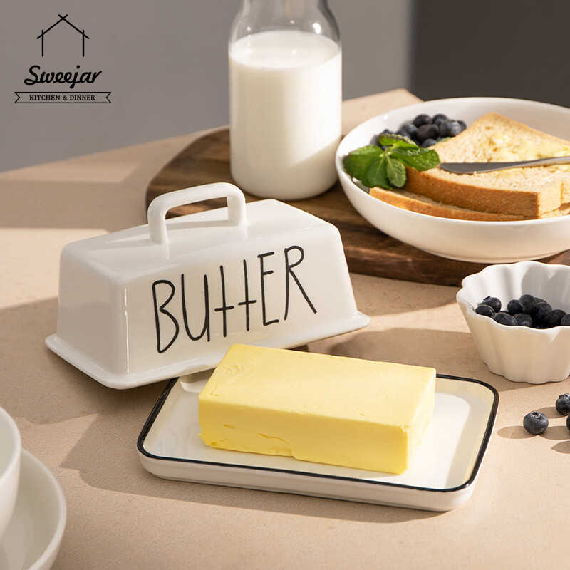Gambar SWEEJAR Large Capacity Ceramic Butter Dish with Handle Lid Butter Container Serving Tray