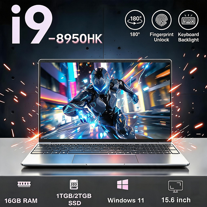 Backlight New Laptop 15.6 inch Gaming Intel Core i9-8950HK 16GB RAM 1TB SSD Windows 11 Free MS Office Fingerprint Unlock FHD Screen Lightweight