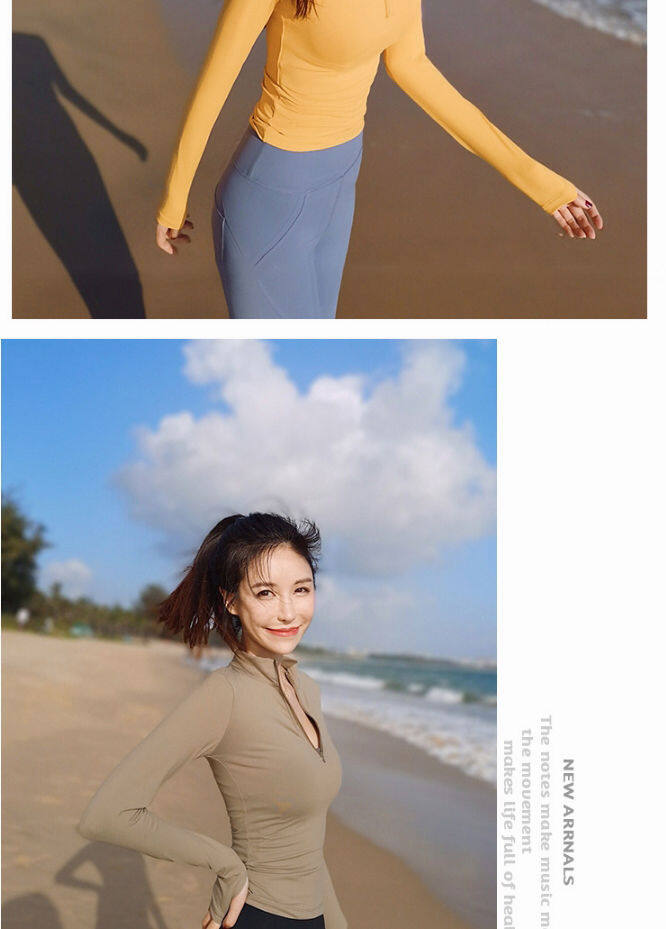 SUPERFLOWER Frauen Sport Shirts Einfarbig Reißverschluss Hohe Elastische Gym Yoga Top Atmungsaktive Langarm Sexy T-Shirts_voghion.com