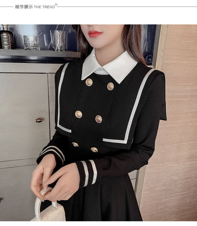 Navy style dress for women 2021 Spring and Autumn new small waist-tight temperament contrast color college style long sleeve A- line dress