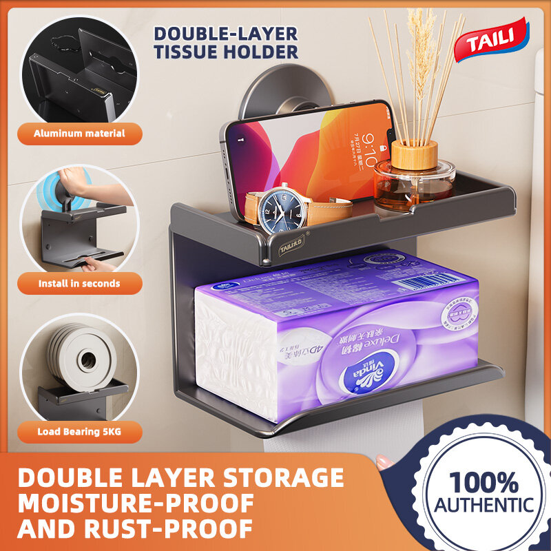 TAILI punch-free double-layer paper towel holder toilet paper storage rack no-suction cup paper roll toilet brush wall-mounted storage rack no drill bathroom tissue box dispenser paper towel holder toilet brush set suitable for toilets ราคา 390 บาท*ส่งฟรี