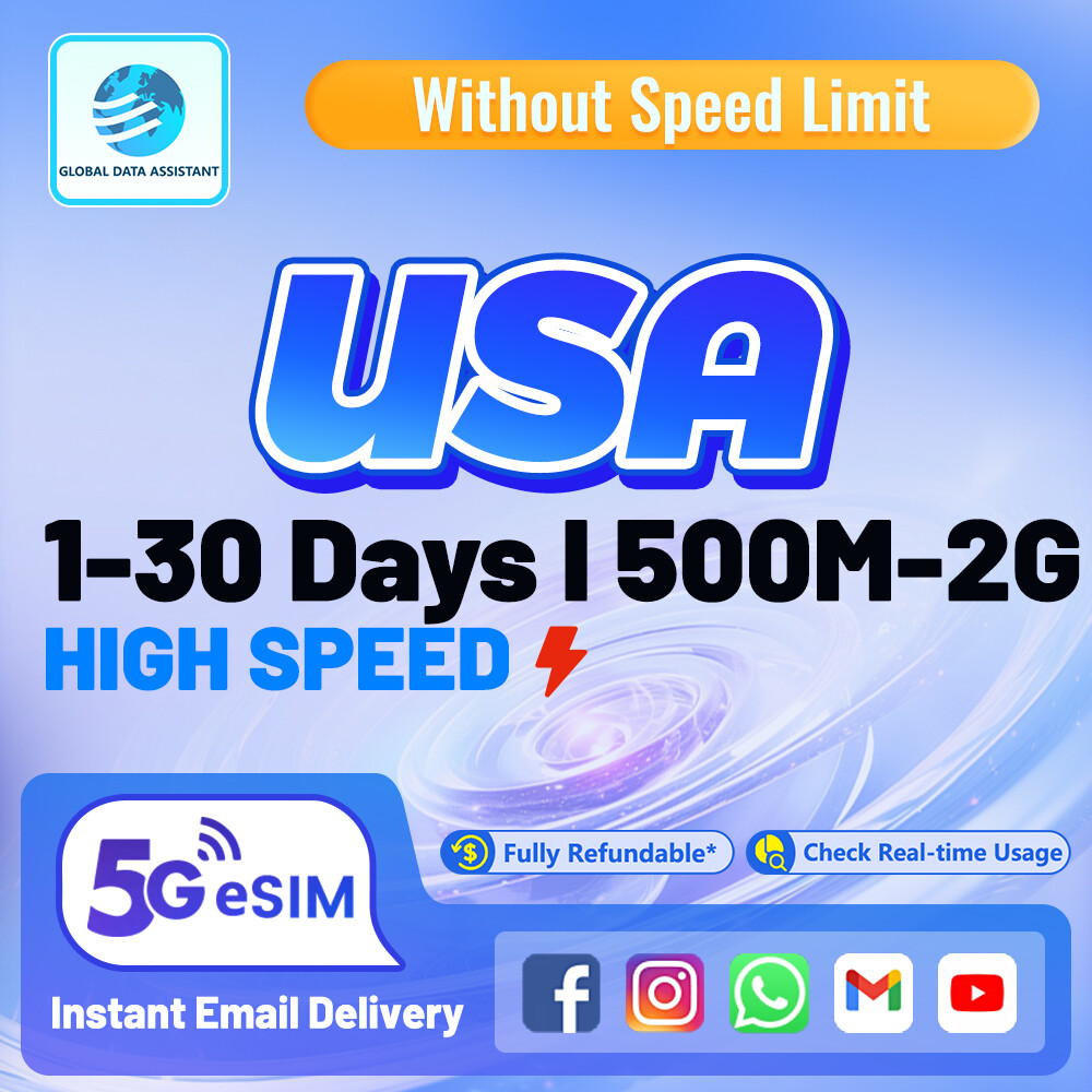 USA（Americas）🇺🇸 esim 5G/4G 1-30 Days| Daily500M-2GB Data Unlimited 5G high speed Data ⚡ |without number data card Support physical cards Harga 73 Ringgit*Penghantaran Percuma