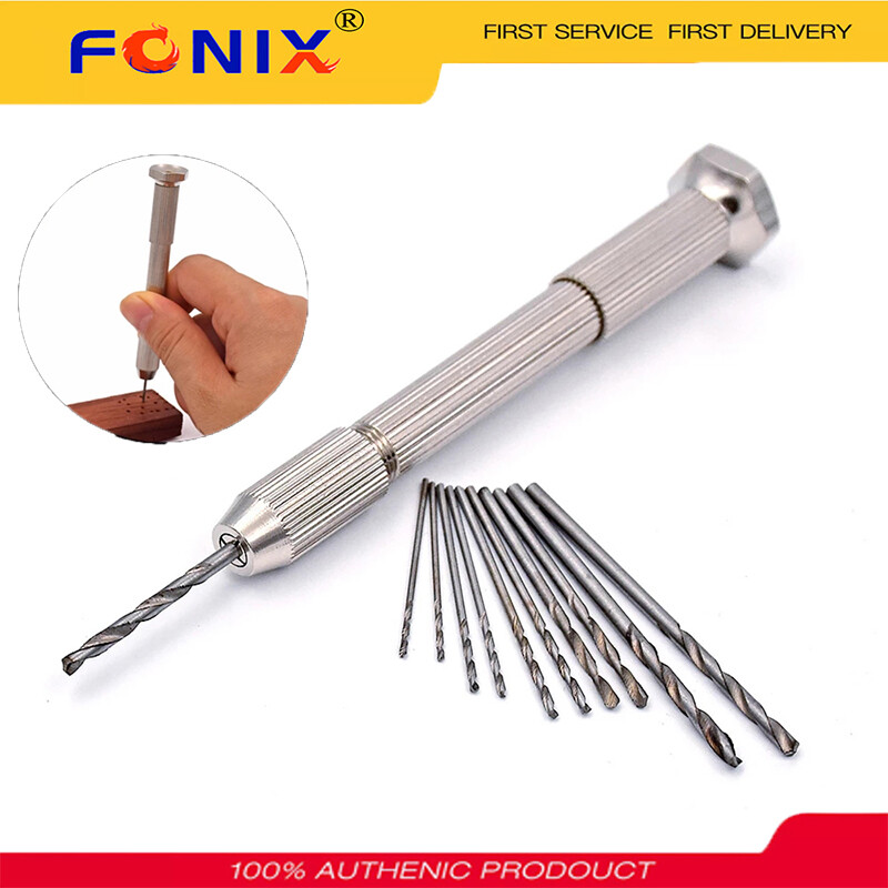 Fonix máy khoan cầm tay mini bằng nhôm siêu nhỏ, máy khoan cầm tay nhỏ bằng hợp kim nhôm xoắn thủ công cho đồ trang sức thủ công máy khoan cầm tay mini siêu nhỏ, với 10 chiếc mũi khoan xoắn dụng cụ quay khoan làm mộc