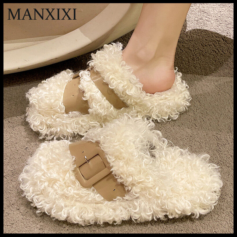 MANXIXI Fashion Loafers Beautiful Women Rabbit Fur Warm Flat Mules Sandals (Size 35-40) ราคา 339 บาท*ส่งฟรี