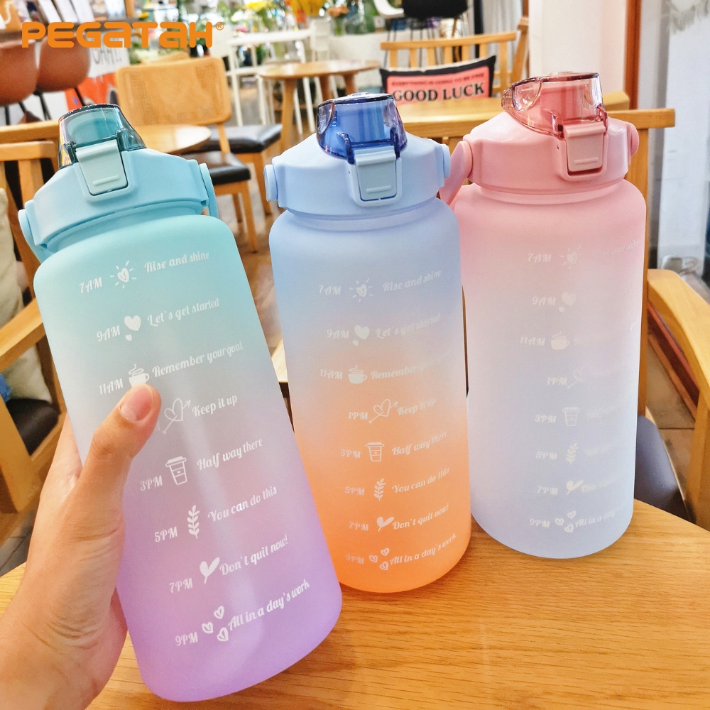 Gambar ?CW? 2L Large Capacity Water Bottle Straw Cup Gradient ColorWater Cups With TimeOutdoor FitnessBottle