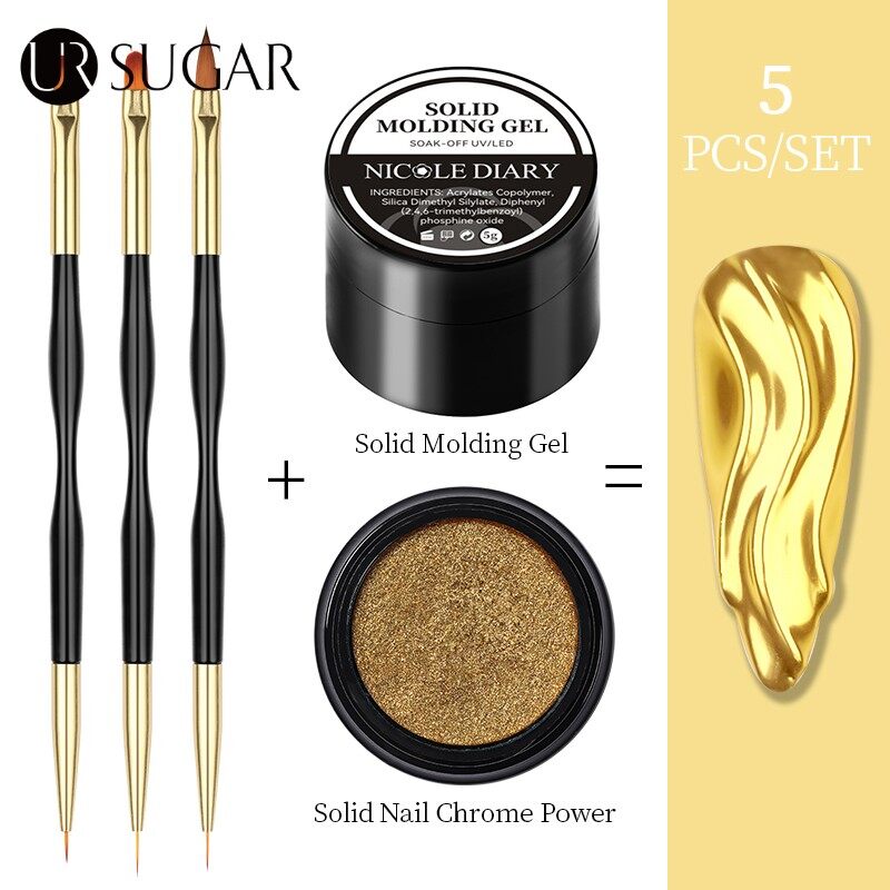 UR SUGAR 5PCS Solid Mirror Nail Glitter Power With Solid Molding Gel Rhinestone Nail Glue Gel Set Nail Brushes DIY Nail Art Decoration - Jenama UR SUGAR Harga 10 Ringgit*Penghantaran Percuma