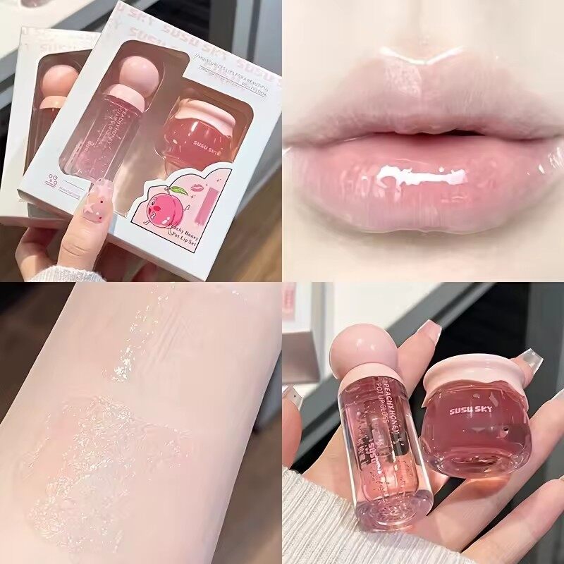 【Grilrigrin】 2 Bộ mộ trang điểm môi lọ mật ong đào dưỡng ẩm cấp nước ngăn ngừa khô và nứt loại bỏ da chết cho mùa đông