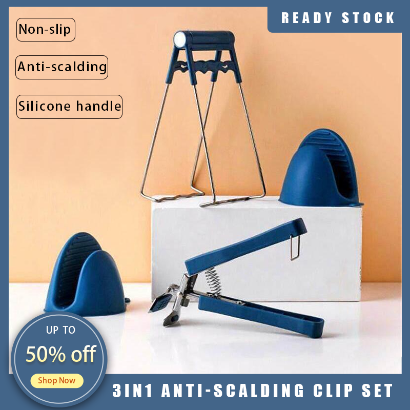 Gambar Stainless Steel 3in1 Anti Scalding Clip Set Non slip Silicone Handle Baking Tools Multipurpose Kitchen Set Tools