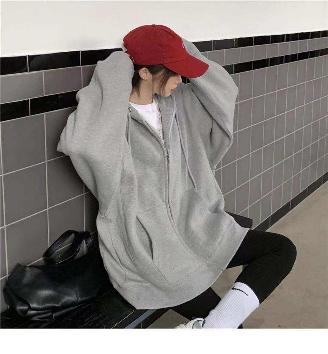 PWAE Hoodies Jacket for Women Korean Oversize Gray Hooded Sweater for Women Zipper Jacket Women's Ins Trend Tops for Women