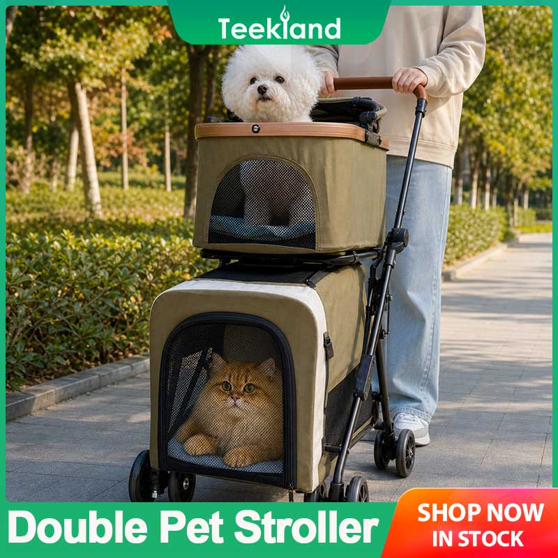 Teekland Double Pet Stroller for Dogs and Cats: Dog Stroller, Foldable Travel Cart with Removable Safety Belt and 4 Lockable Wheels for Small to Medium Sized Pets Feeder ราคา 4,154 บาท*ส่งฟรี