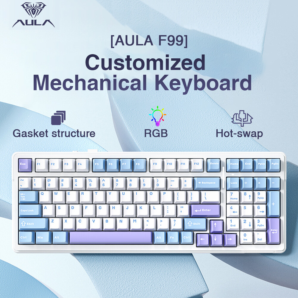 AULA 99/87/80 Keys customized gaming keyboard Gasket Structure Tri-mode RGB Wired /Bluetooth /2.4G Wireless Hot-swappable Mechanical Keyboard Supports WIN/Android/IOS system(F99)
