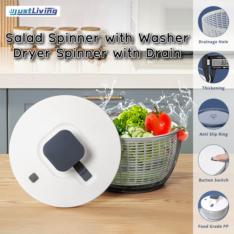 JustLiving 1PC Manual Vegetable Dehydrator Salad Spinner Washer Cleaner Fruits Basket Storage Drying Machine Household Fruit Dehydrator Press Type Water Shaker Double Drainer Basket Fruit and Vegetable Dryer Spinner witn Drain ราคา 852 บาท*ส่งฟรี