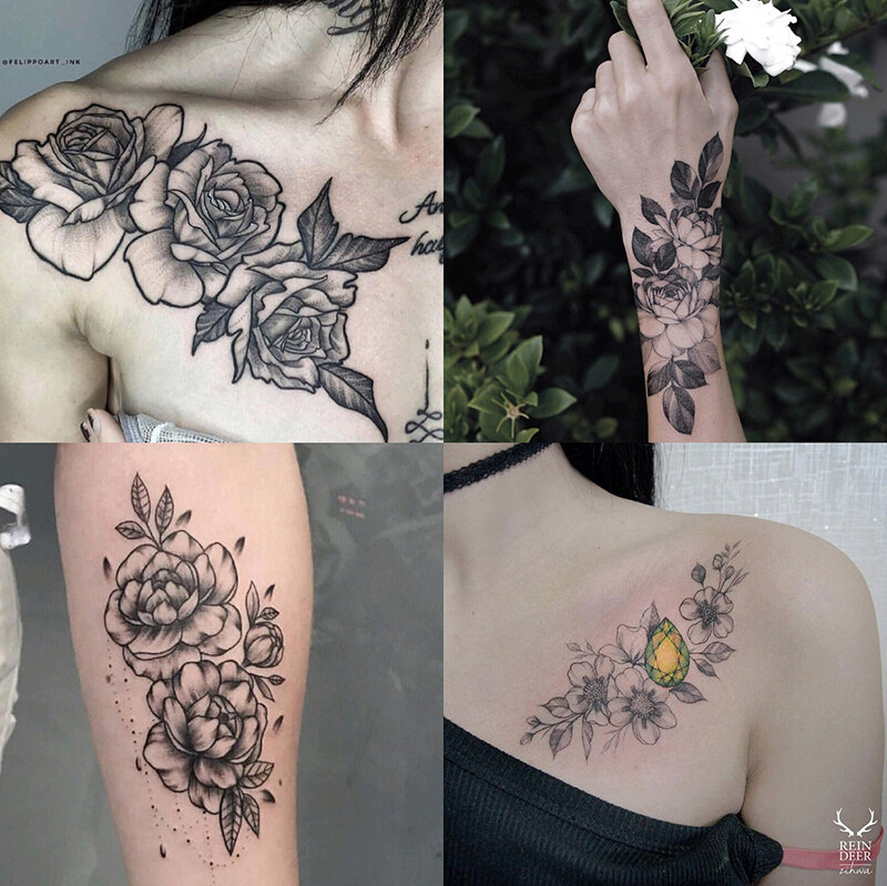 Gambar 12pcs Flower Tattoo Stickers Arm Chest Temporary Tattoo Waterproof Fake Tattoo