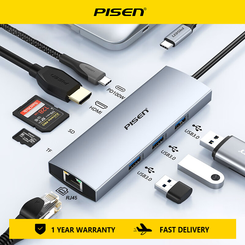 Pisen Hub Type C USB C to USB 3.0 HDMI-compatible 8 in 1RJ45 PD100W Adapter 5 in 1 Type-C Hub for Macbook Air Pro iPad Pro USB C