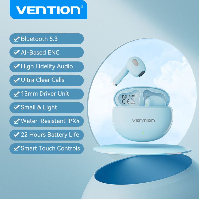 Tai Nghe Bluetooth 5.3 Vention True Wireless Chống Ồn ENC AI Cảm Ứng Chạm Âm Thanh Hi-Fi Pin Tới 22 