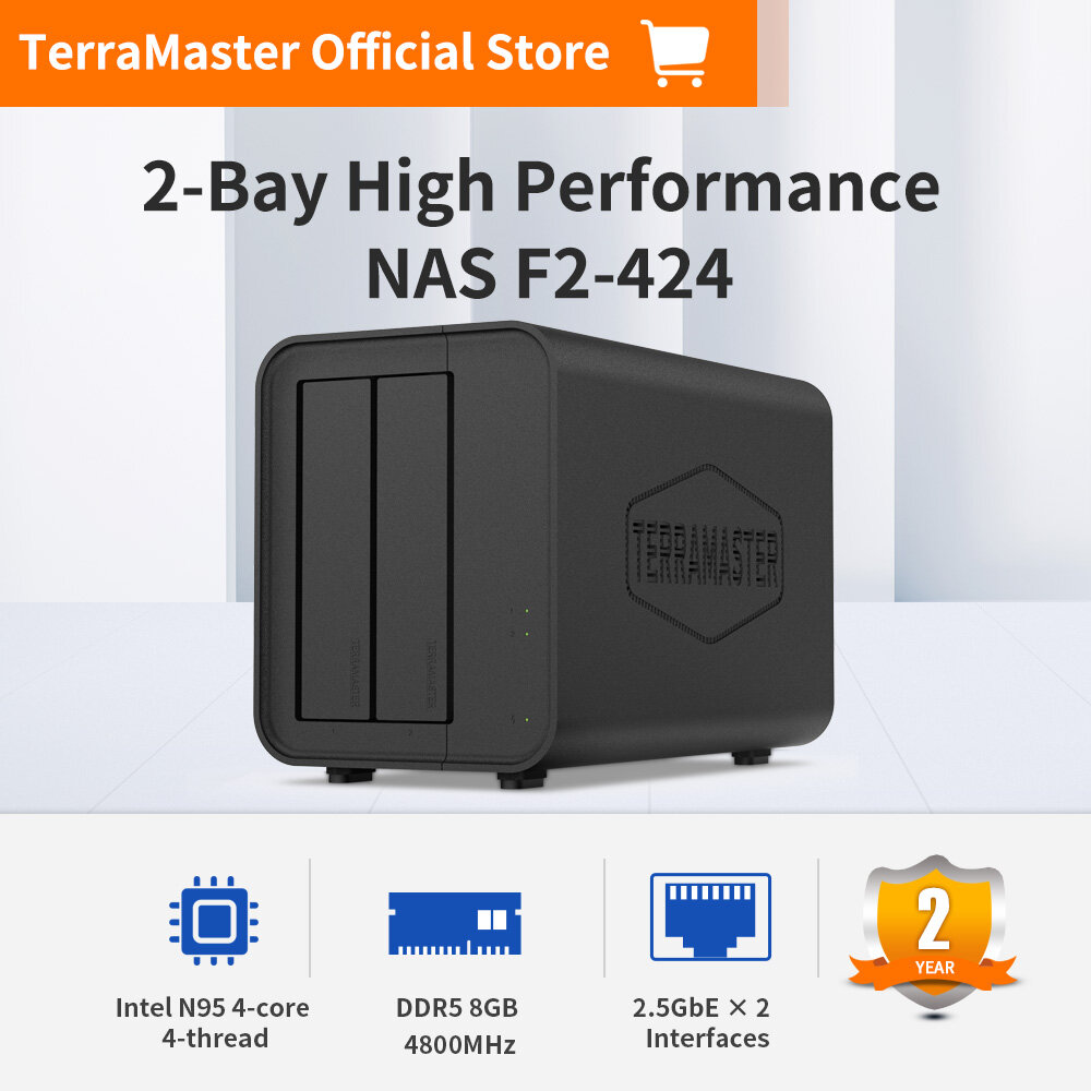 TerraMaster F2-424 NAS Storage 2Bay – N95 Quad-Core CPU, 8GB DDR5 RAM, 2.5GbE Port x 2, Network Attached Storage with High Performance (Diskless) ราคา 13,734 บาท*ส่งฟรี