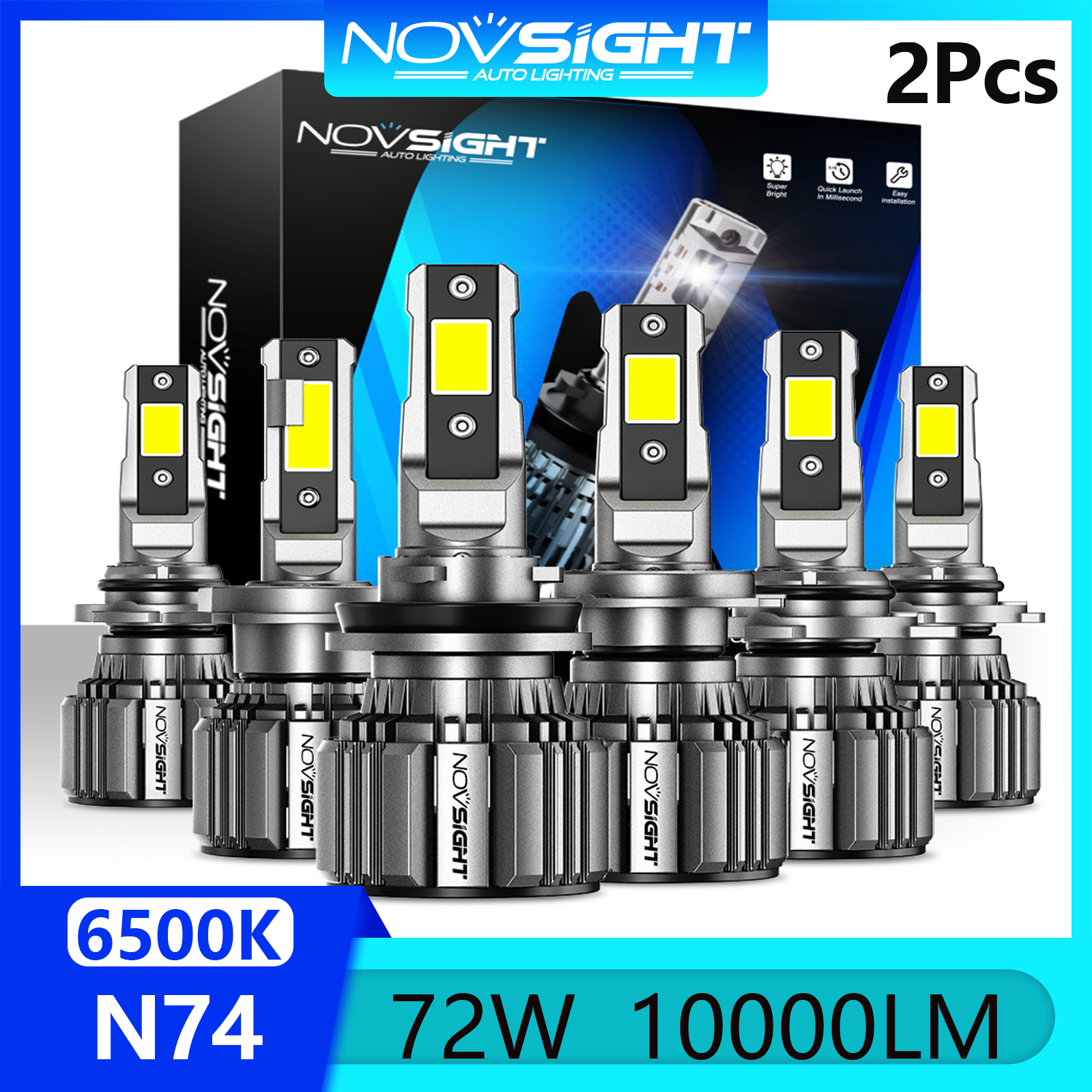 Novsight N74 LED Car Headlight Bulb Kit 9005(HB3) 9006(HB4) 9012 H4 H7 H11 LED Light for Car High/Low Beam Fog Light 72W 10000LM 6500K Super Bright Plug&Play 2 PCS 1 Year Warranty