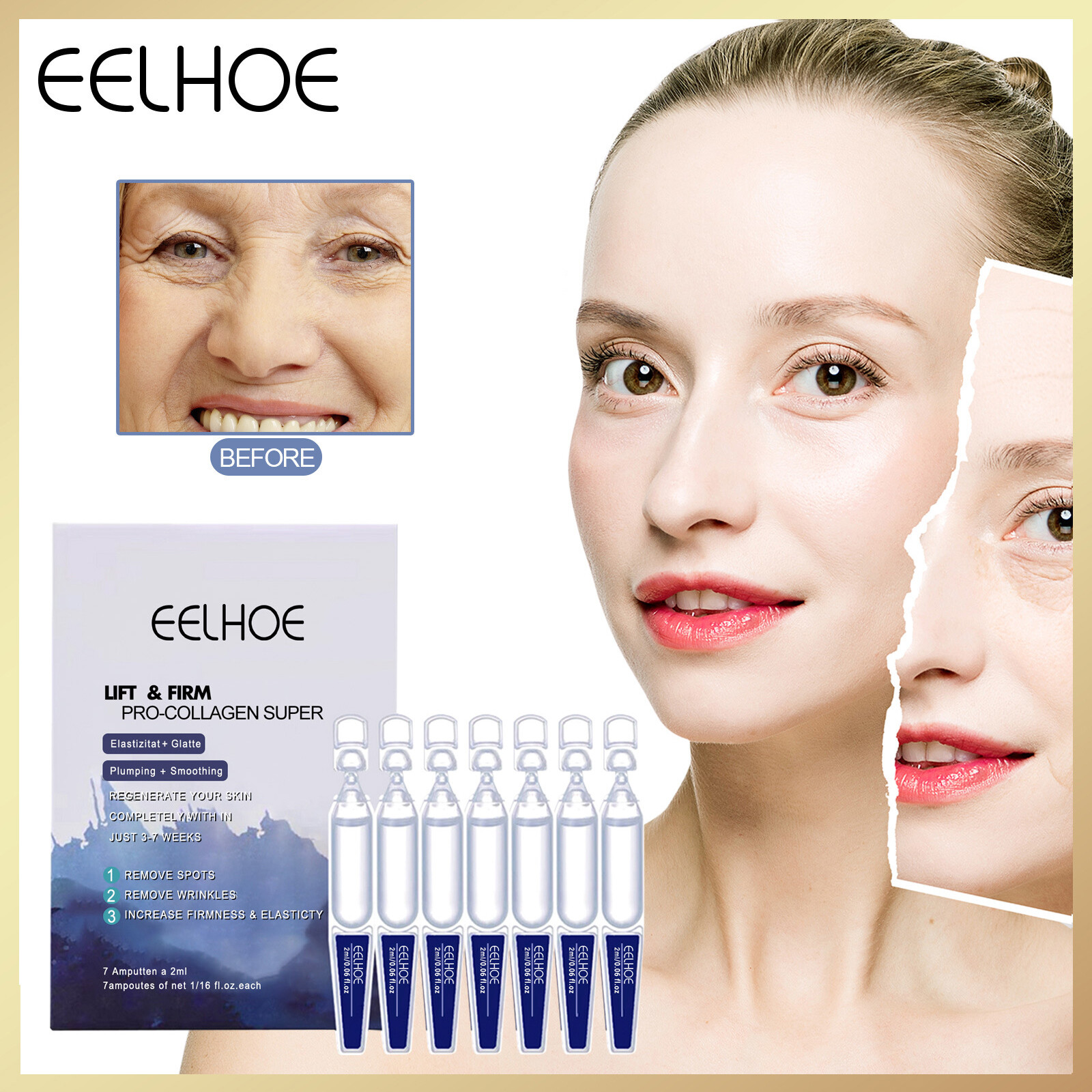Eelhoe Collagen Anti-Wrinkle Serum Moisturizing Mask Skin Rejuvenation Anti Aging Lifting Firming Fade Fine Lines Face Care Collagen Lifting Ampoule Serum Brightening Anti-Wrinkle Moisturizing Hyaluronic Acid Lift Firming Ampoule Facial Serum（7pcs） Harga  14 Ringgit*Penghantaran Percuma