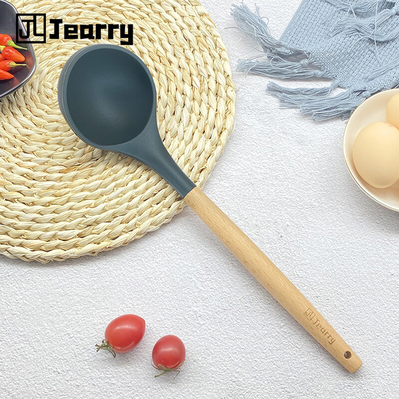 Gambar Jearry Wooden Handle Ladle Heat Resistant Food Grade Silicone Kitchen Utensils