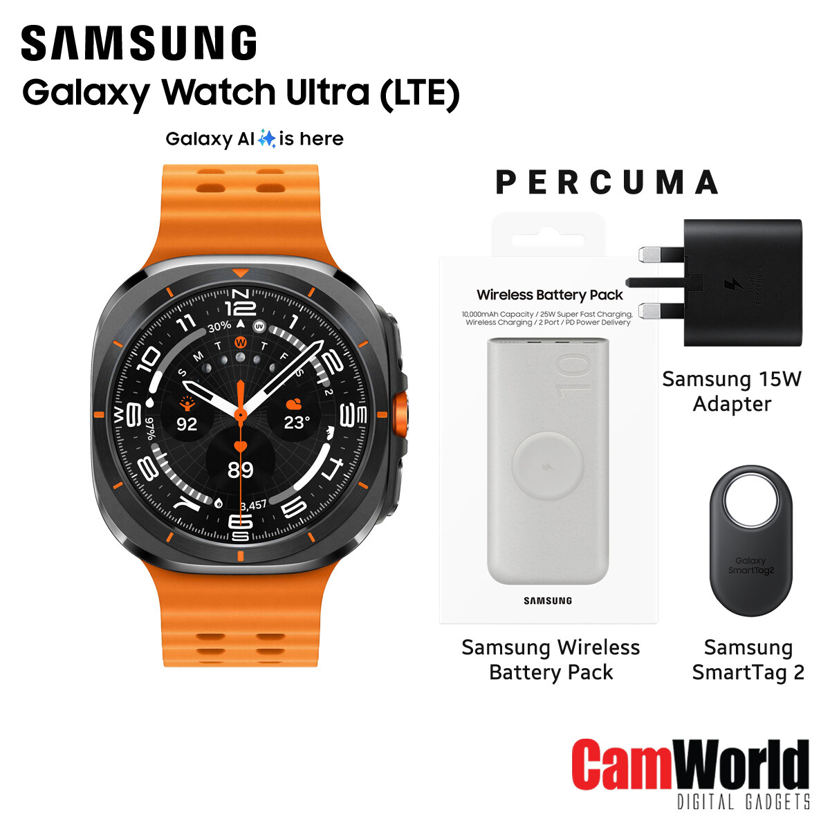 Samsung Galaxy Watch Ultra LTE 47mm SM-L705 (2024) with 15W Adapter, Smarttag2 and Wireless PowerBank | Original New MY Set | 1 Year Warranty