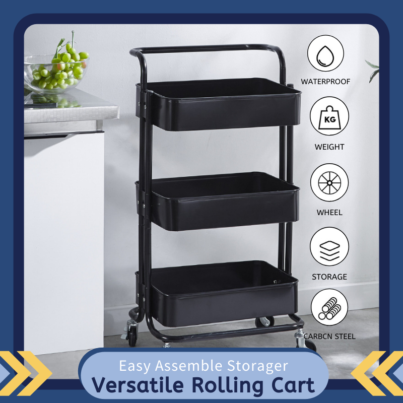 Gambar 3 Tier Rolling Cart with Handle and Lockable Wheels Casters Rolling Utility Metal Organization Cart Multi Purpose Organizer Shelf Easy Assembly Craft Art Utility Cart for Studio,Kitchen, Bathroom,Living Room