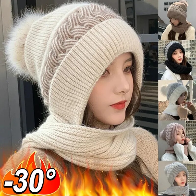 Phụ Nữ Mùa Đông Mui Xe Beanies Dày Len khăn choàng mũ DệT Kim CầU len giả Crochet Nắp ca-pô Ngoài Trời Trượt Tuyết Phụ Nữ mũ trùm đầu Bộ đội đầu ấm áp