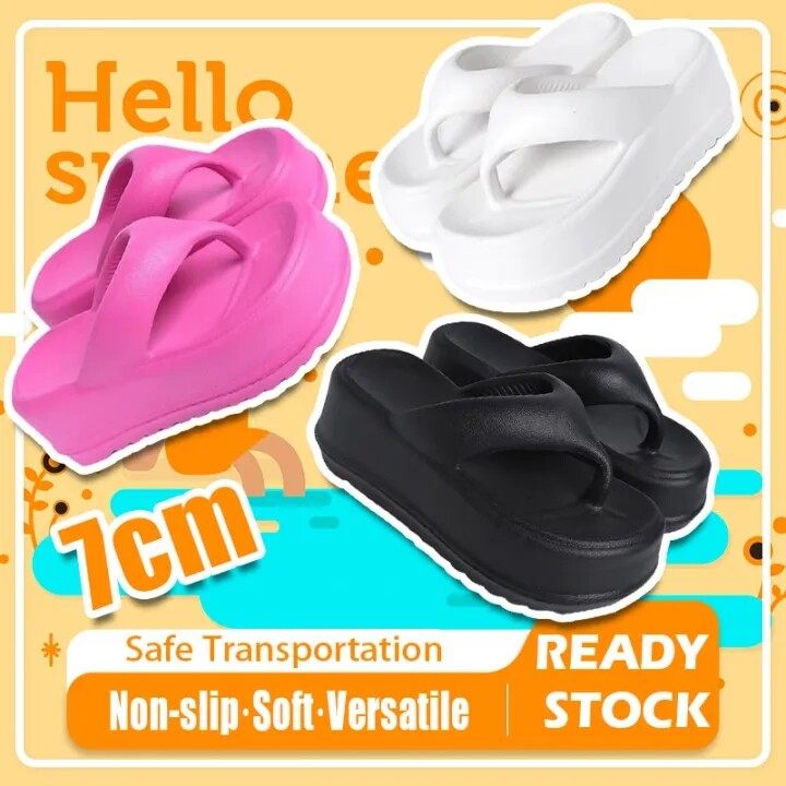 DOSREAL Korean 7CM Thick Flip Flops for Women Sandals Rubber Chunky Sandals Thick bottom Wedge Slippers for Ladies Sandals High Heels Soft Soled Shoes ราคา 261 บาท*ส่งฟรี