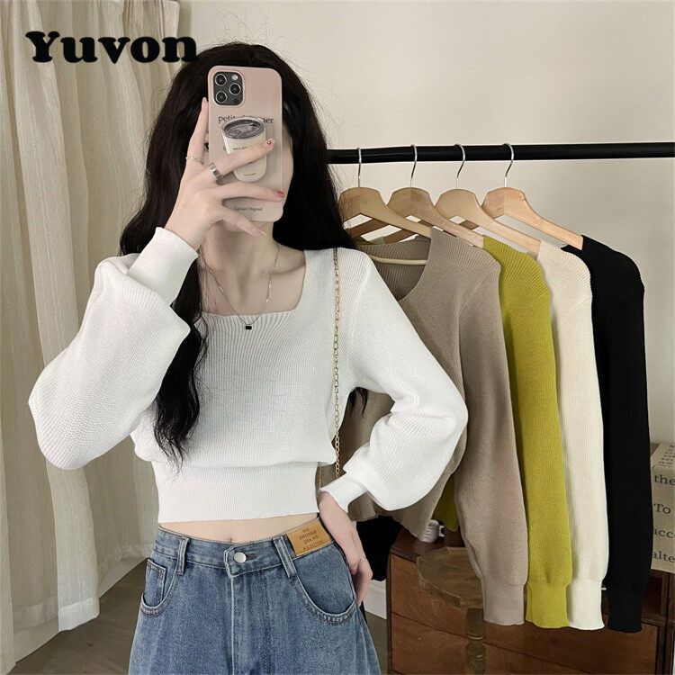 Yuvon áo len dệt kim cổ vuông mới mùa thu áo độc đáo kiểu pháp mỏng tay dài